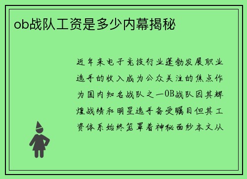 ob战队工资是多少内幕揭秘