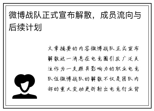 微博战队正式宣布解散，成员流向与后续计划